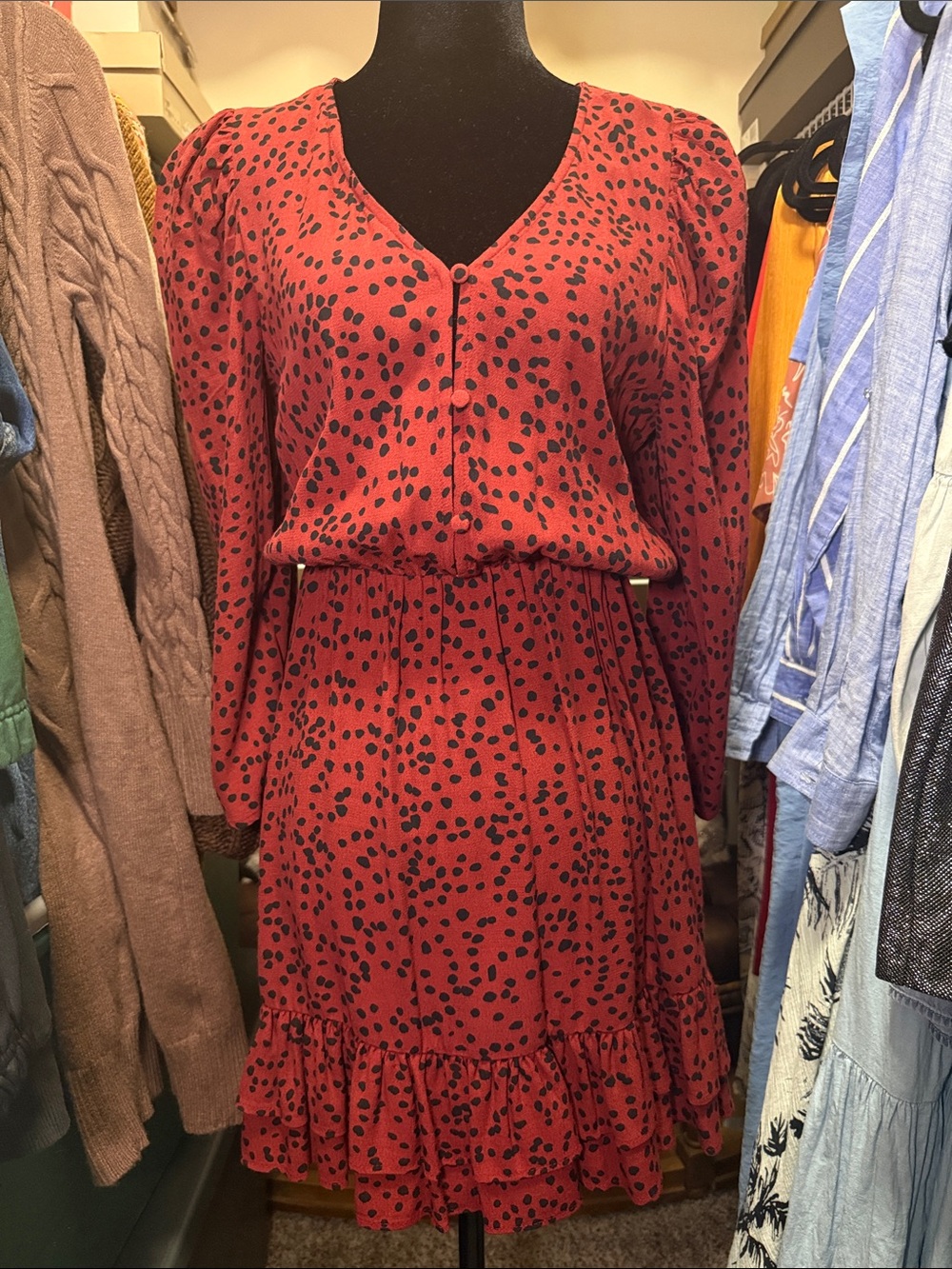 Zara Rust Red Long-Sleeve V-Neck Ruffle Hem Dress with Black Dot Print